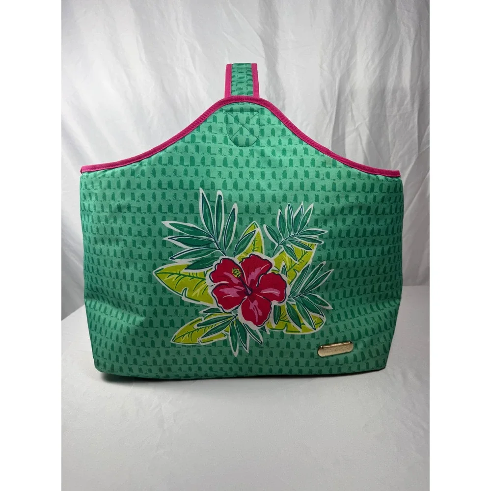 Tupperware Tropical Hibiscus Insulated Cooler Tote Beach Bag Large Green Pink